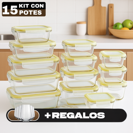 Conjunto de Recipientes Organizadores de Vidrio Templado con Tapa Antiderrame